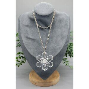 Vintage Gorham 1975 Lead Crystal Clear Snowflake Silver Chain Pendant Necklace